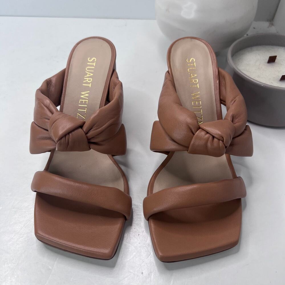 Stuart Weitzman Playa 75 Knot Leather Block Sandals Tan Women's US 5.5B Tried On